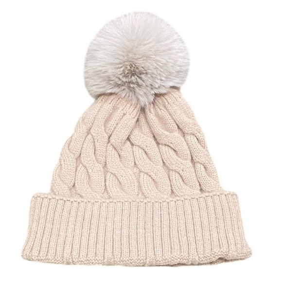 Nwot beige cable knit super-soft hat tan fur Pom Pom one size - Picture 1 of 4
